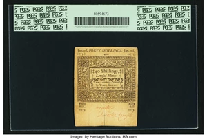 image for: Colony of Connecticut January 2, 1775 40 Shillings Fr. CT-178. PCGS Choice About New 58....