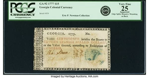 image for: Georgia 1777 No Resolution Date $15 Millstone on Palm Tree Fr. GA-92. PCGS Very Fine 25 Apparent....