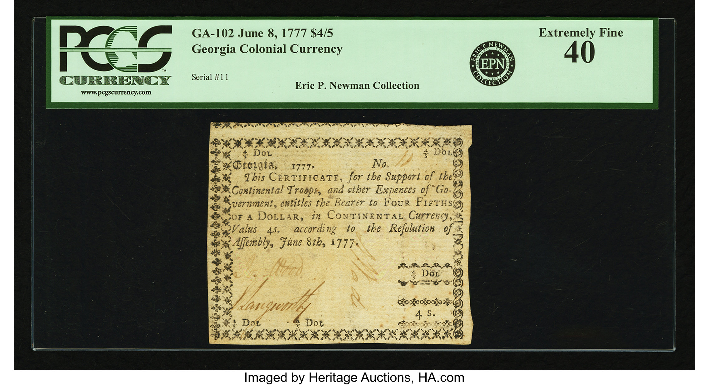 image for: Georgia June 8, 1777 $4/5 Fr. GA-102. PCGS Extremely Fine 40....