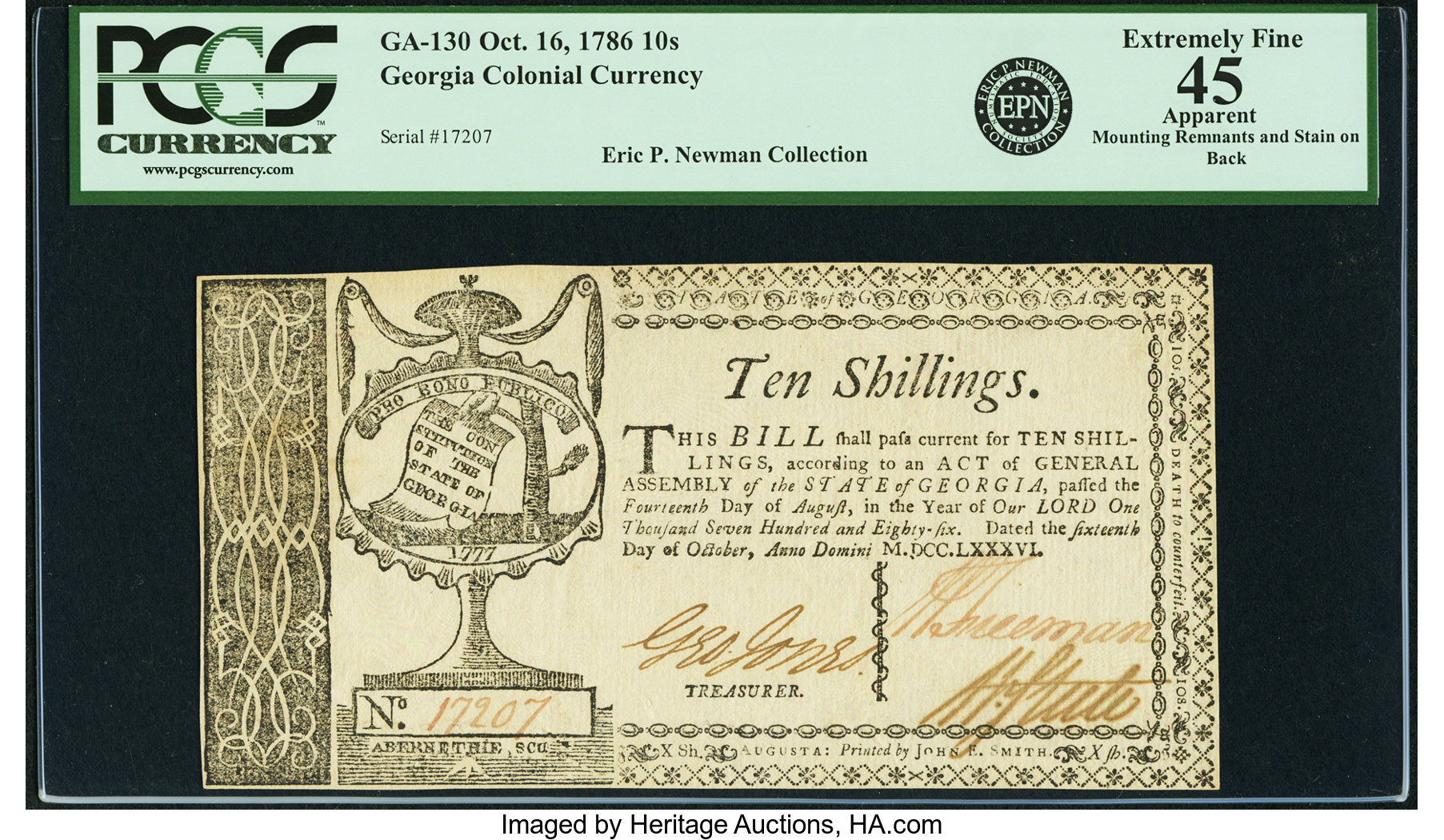 image for: State of Georgia Oct. 16, 1786 10 Shillings Fr. GA-130. PCGS Extremely Fine 45 Apparent....
