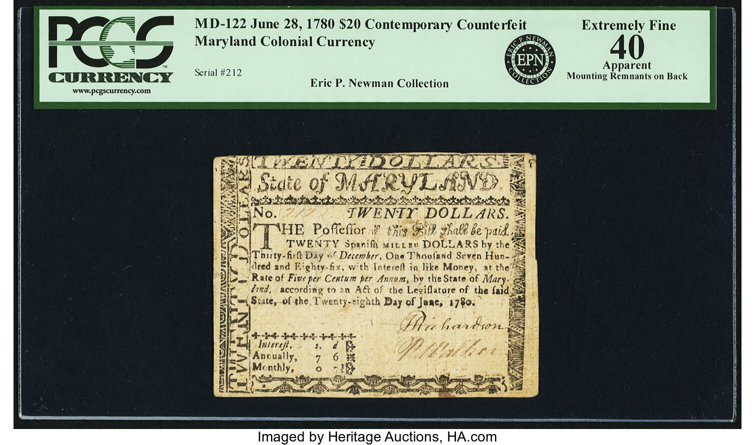 image for: State of Maryland June 28, 1780 $20 Contemporary Counterfeit Fr. MD-122. PCGS Extremely Fine 40 Apparent....