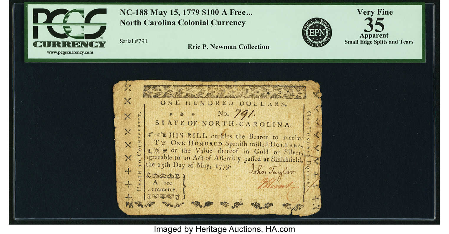 image for: North Carolina May 15, 1779 $100 A Free Commerce Fr. NC-188. PCGS Very Fine 35 Apparent....