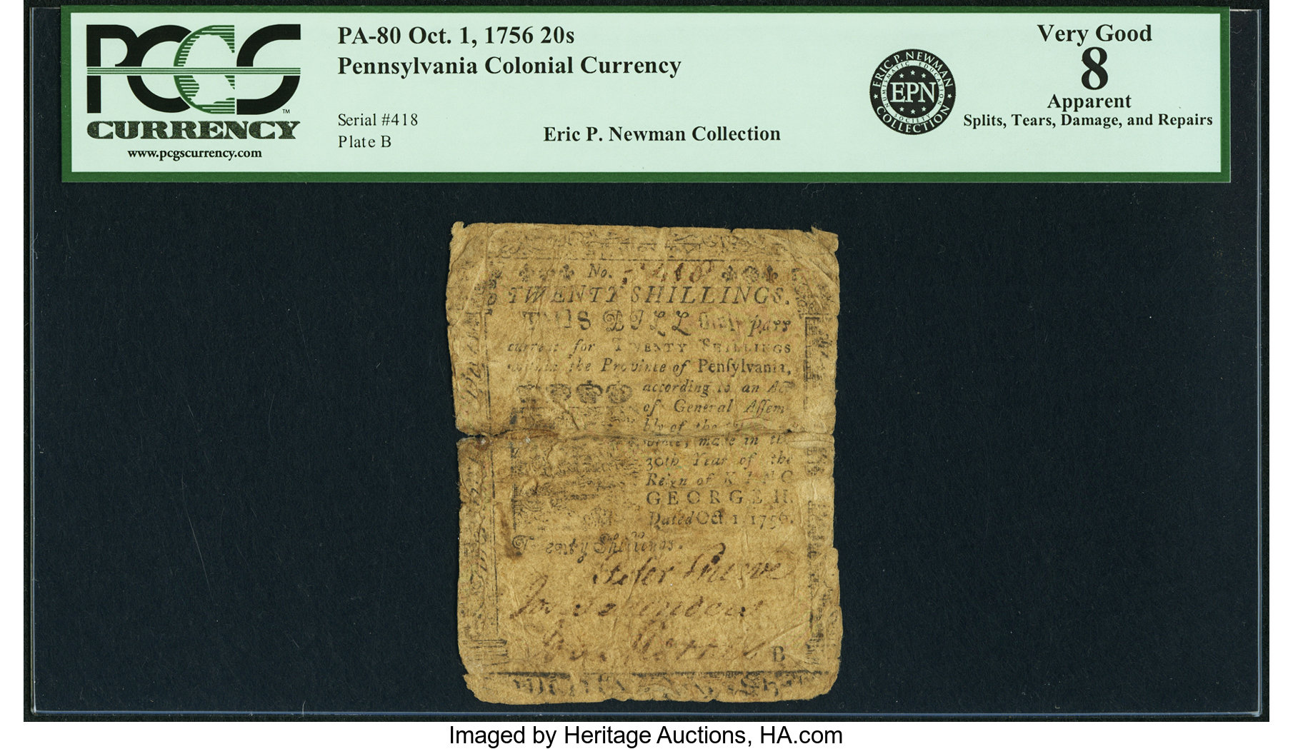 image for: Pennsylvania October 1, 1756 20 Shillings Fr. PA-80. PCGS Very Good 8 Apparent....