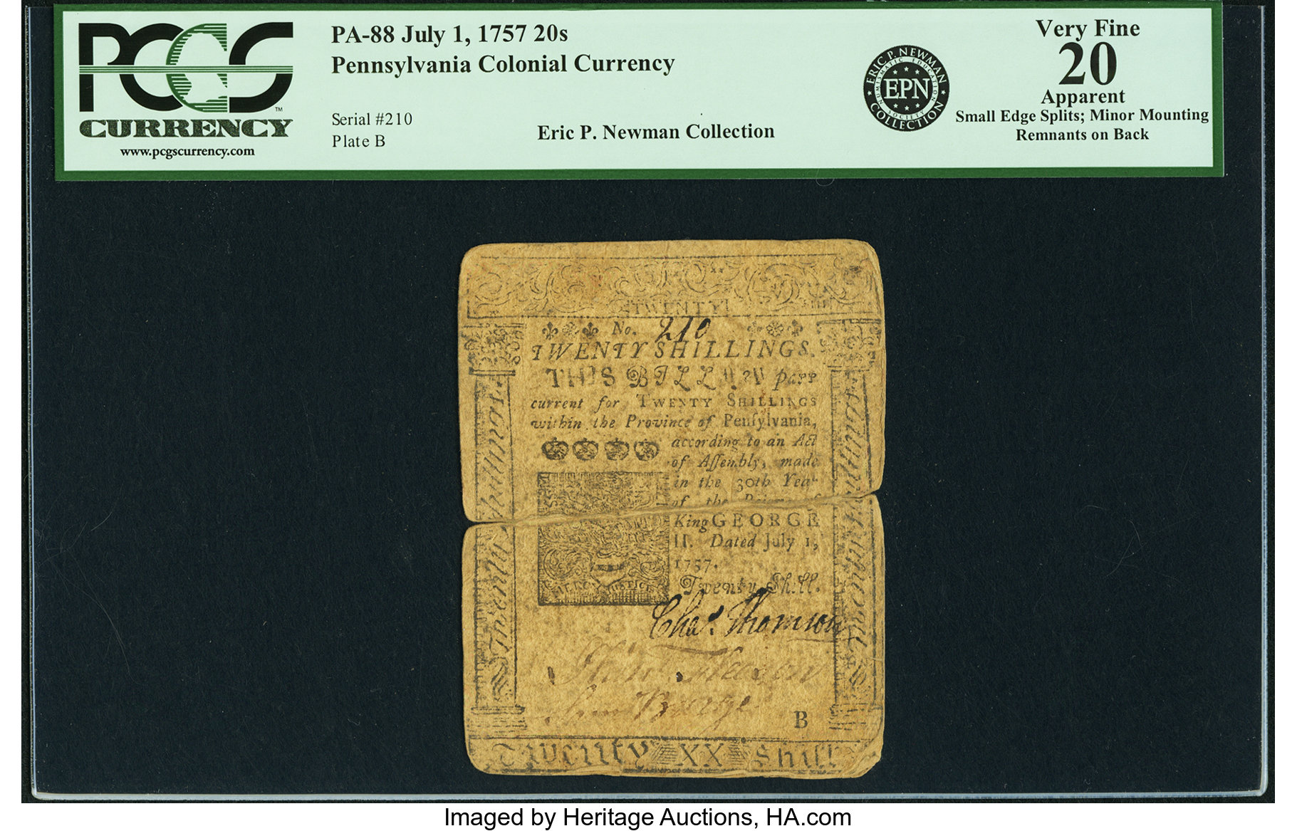 image for: Pennsylvania July 1, 1757 20 Shillings Fr. PA-88. PCGS Very Fine 20 Apparent....