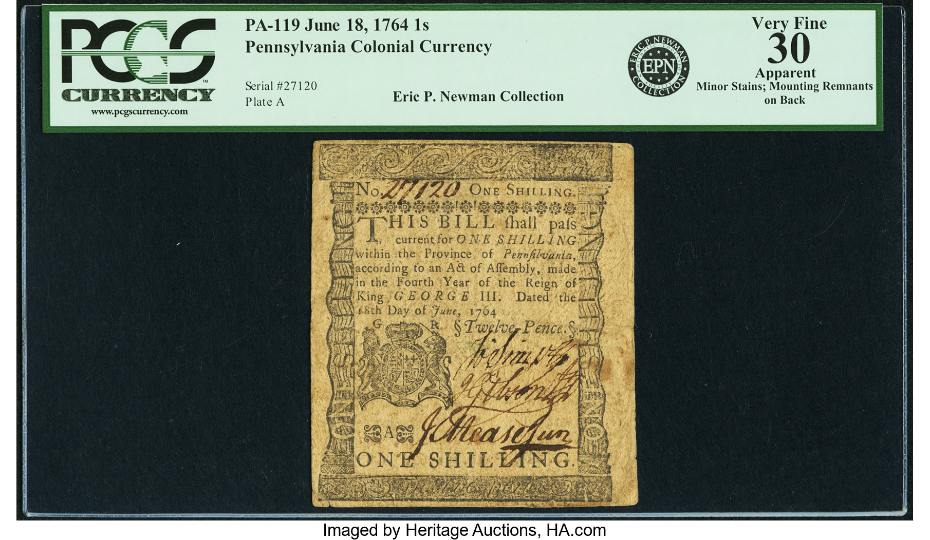 image for: Pennsylvania June 18, 1764 1 Shilling Fr. PA-119. PCGS Very Fine 30 Apparent....