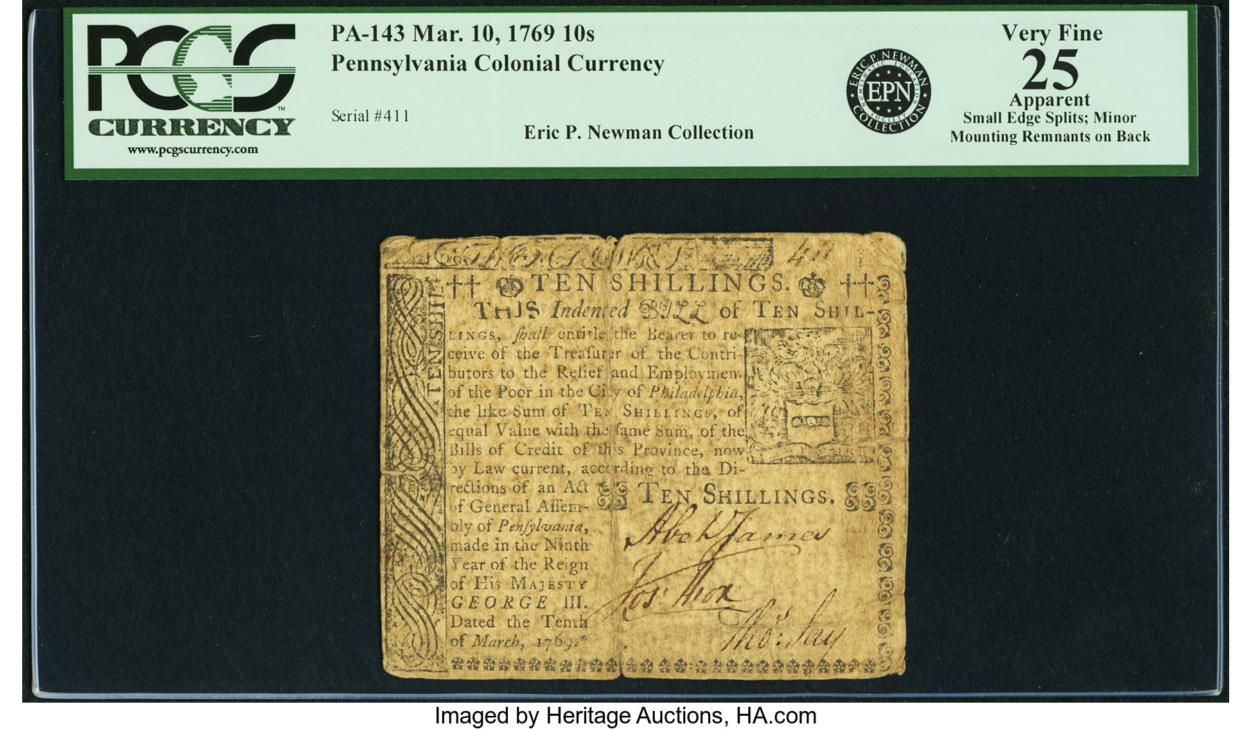 image for: Pennsylvania March 10, 1769 10 Shillings Fr. PA-143. PCGS Very Fine 25 Apparent....