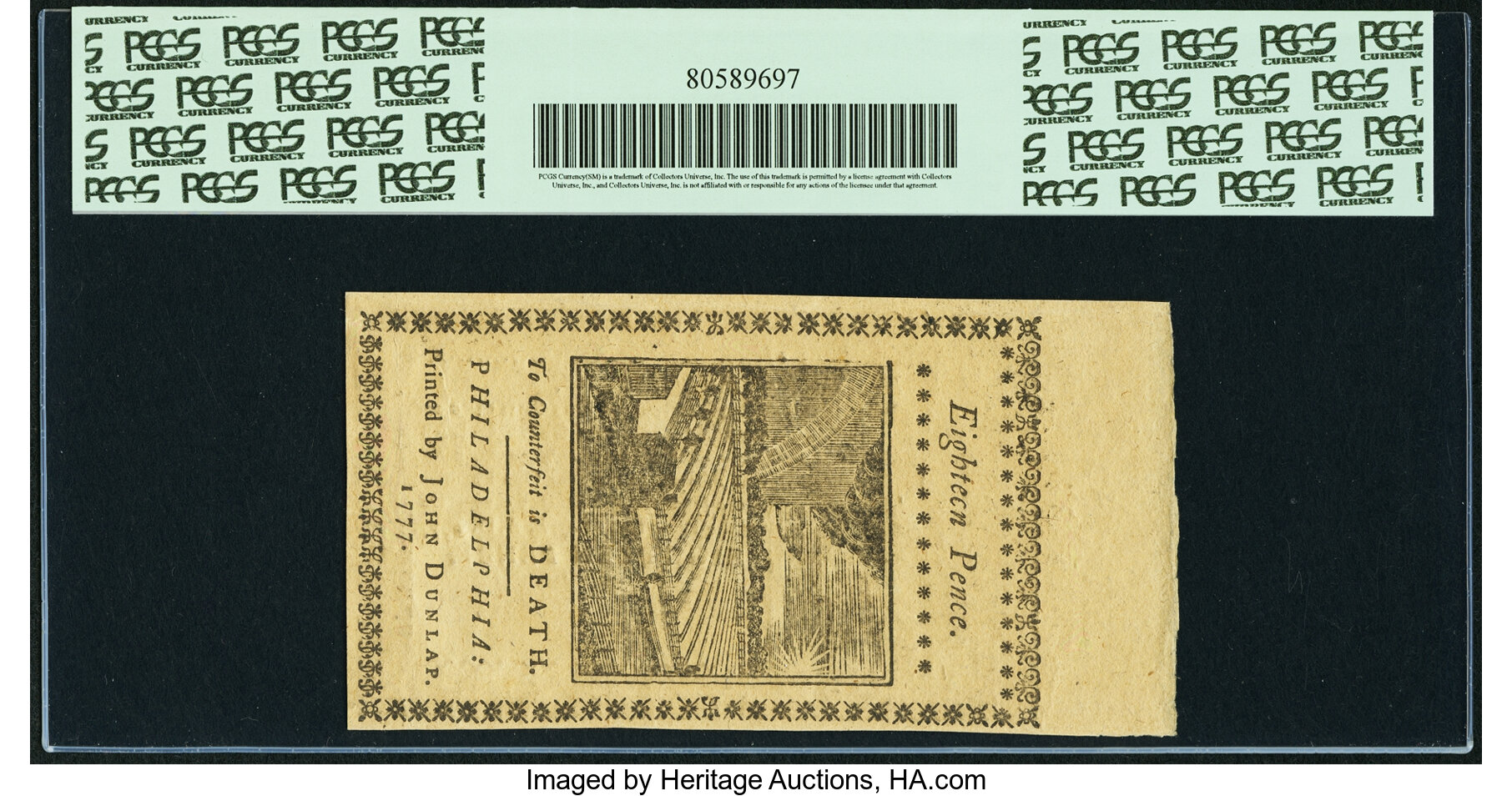 image for: Pennsylvania April 10, 1777 1 Shilling 6 Pence Black Fr. PA-214a. PCGS Choice About New 58PPQ....