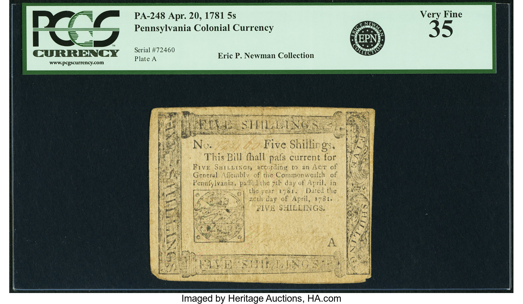 image for: Pennsylvania April 20, 1781 5 Shillings Fr. PA-248. PCGS Very Fine 35....