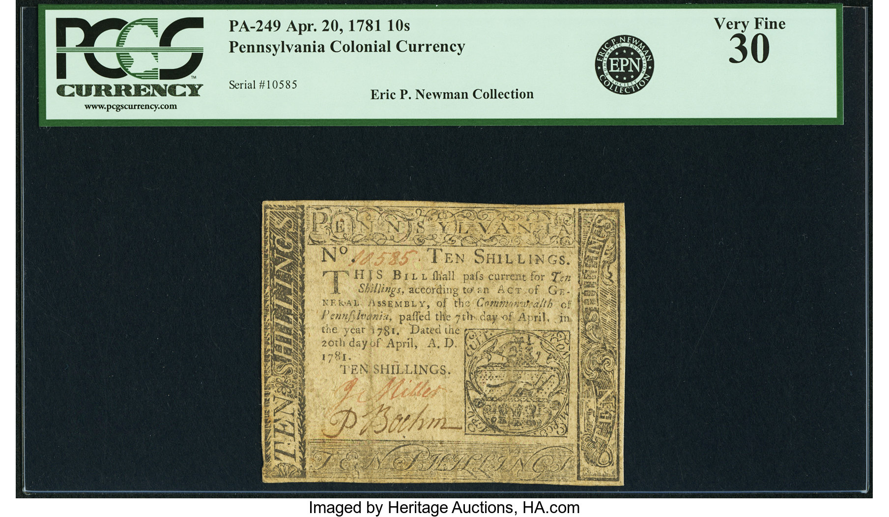 image for: Pennsylvania April 20, 1781 10 Shillings Fr. PA-249. PCGS Very Fine 30....