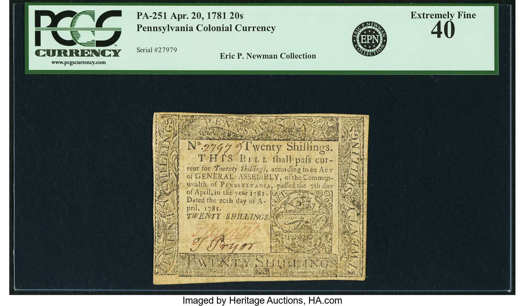 image for: Pennsylvania April 20, 1781 20 Shillings Fr. PA-251. PCGS Extremely Fine 40....