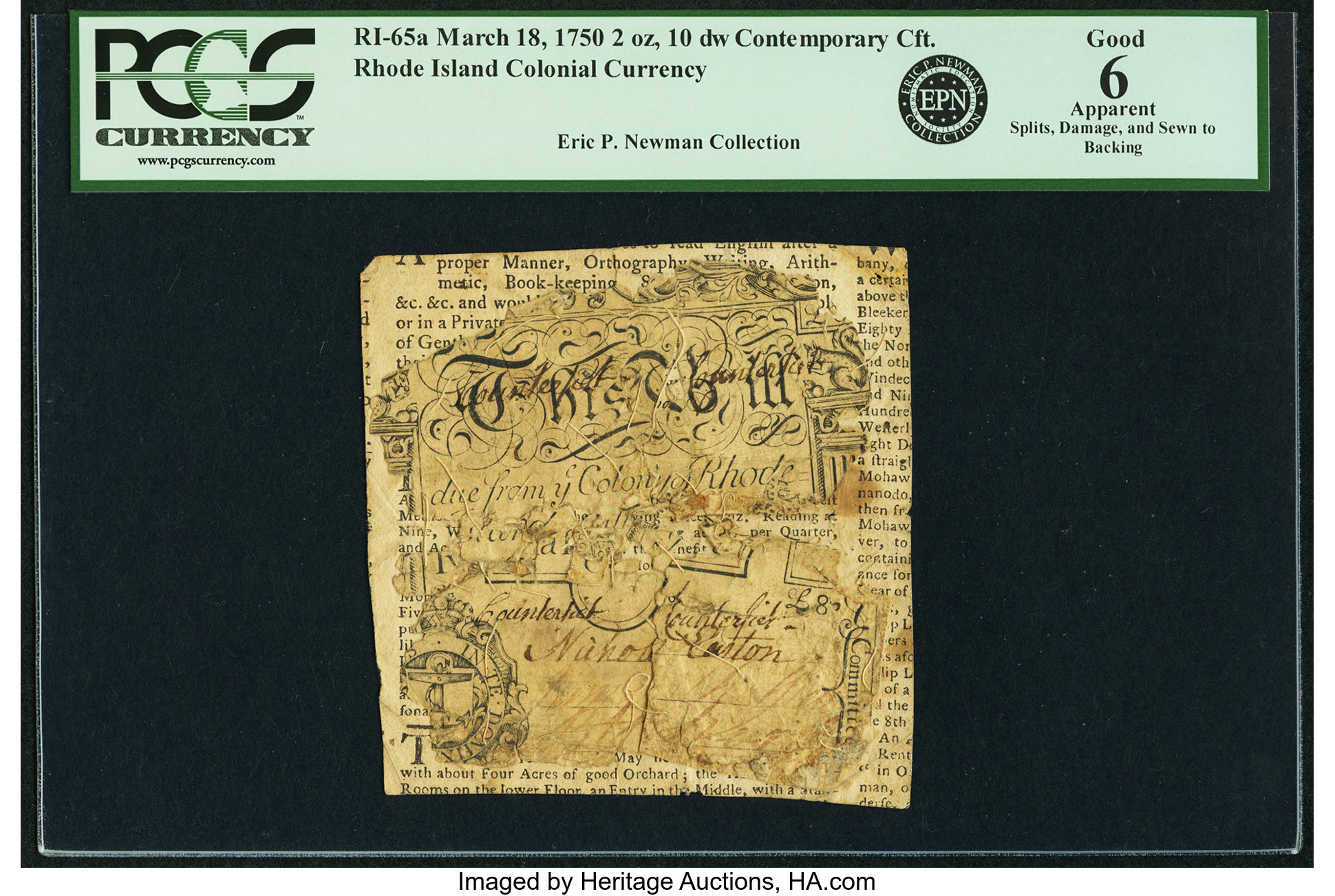 image for: Rhode Island March 18, 1750 2 Ounces, 10 dwt. (8 Pounds Old Tenor) Contemporary Counterfeit Fr. RI-65a. PCGS Good 6 Apparent....