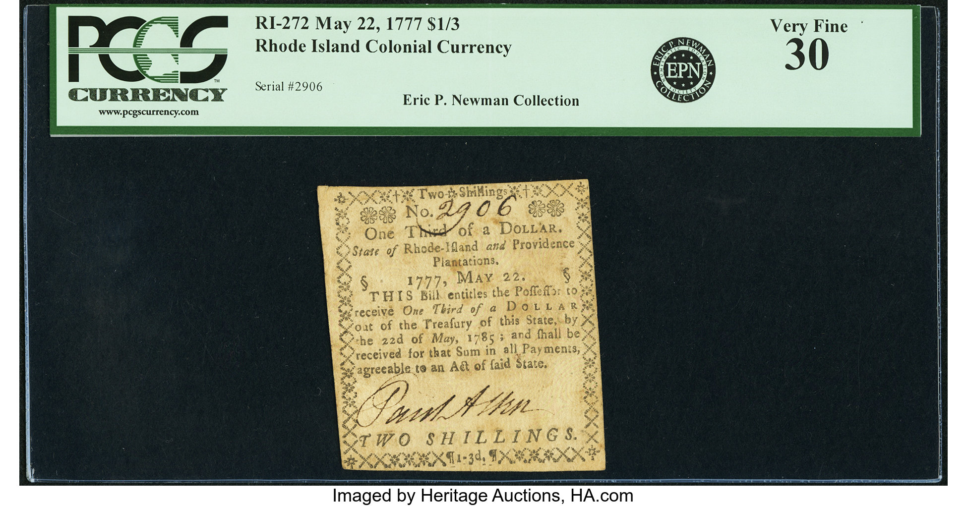 image for: Rhode Island May 22, 1777 $1/3 Fr. RI-272. PCGS Very Fine 30....