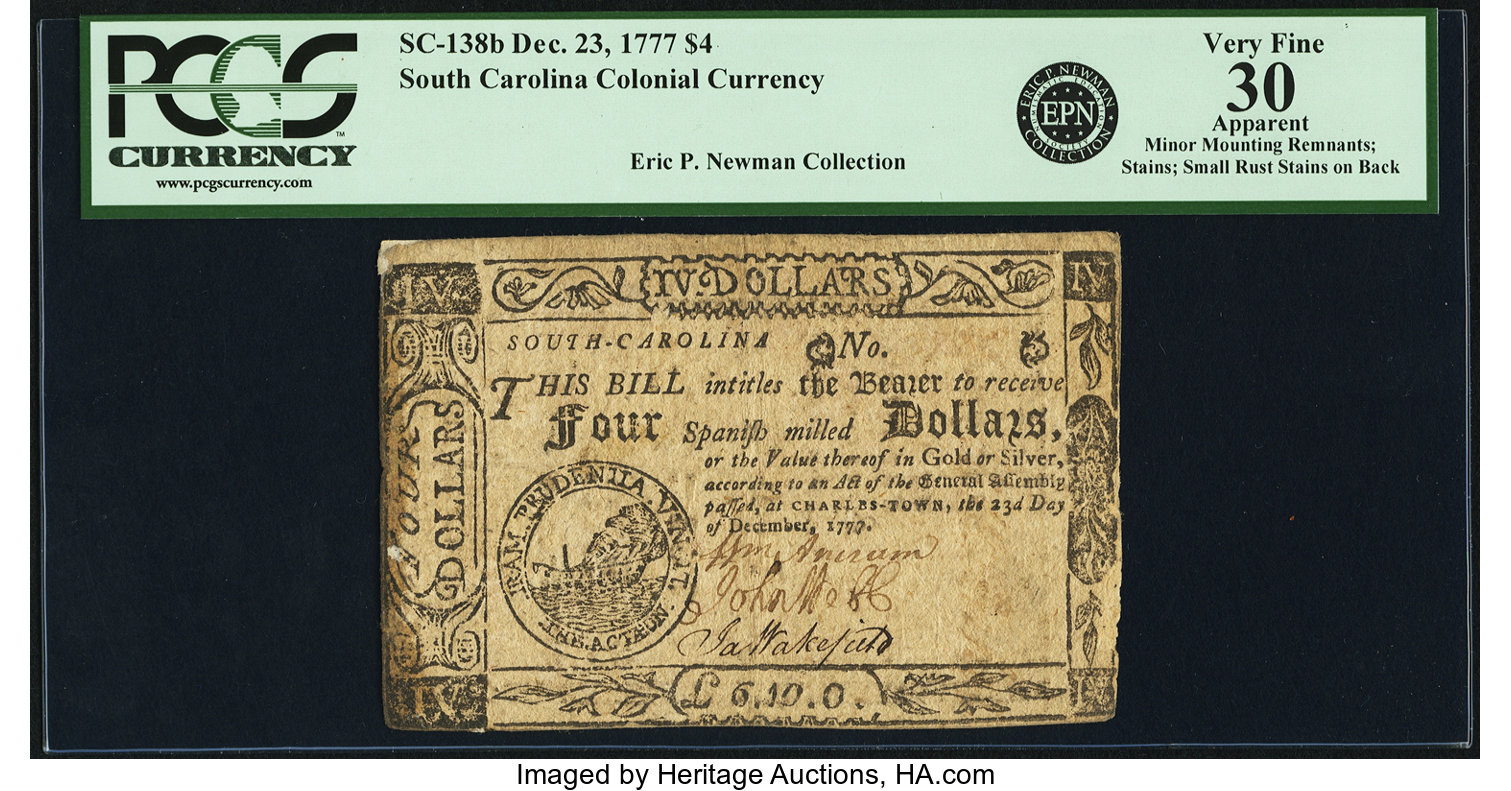 image for: South Carolina 1777 (December 23, 1776 Act) $4 Error Date Fr. SC- 138b. PCGS Very Fine 30 Apparent....