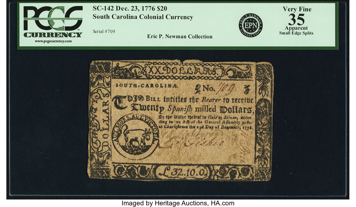 image for: South Carolina 1777 (December 23, 1776 Act) $20 Fr. SC-142. PCGS Very Fine 35 Apparent....