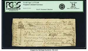 image for: Virginia April 1, 1773 8 Pounds James River Bank Form Fr. VA-65. PCGS Very Fine 25 Apparent....
