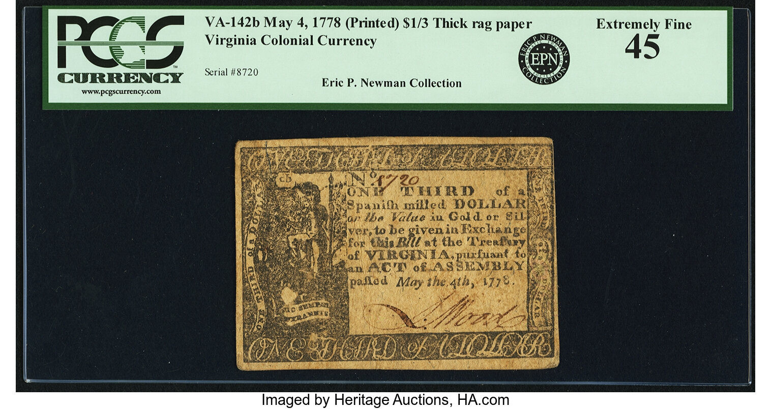 image for: Virginia May 4, 1778 Printed Date $1/3 Thick Paper Fr. VA-142b. PCGS Extremely Fine 45....