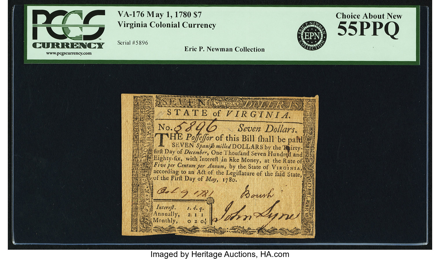 image for: State of Virginia May 1, 1780 $7 Fr. VA-176. PCGS Choice About New 55PPQ....
