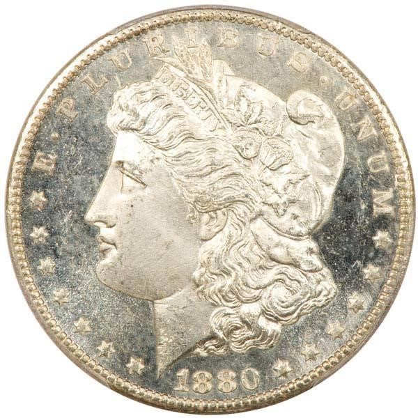 image for: $1 1880-CC 8/7 HIGH 7 PCGS MS65+ DMPL