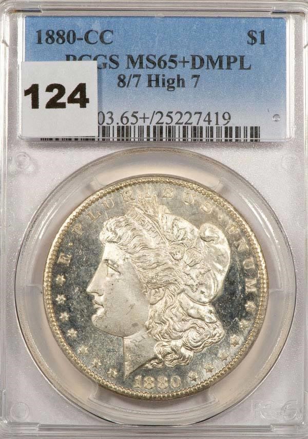 image for: $1 1880-CC 8/7 HIGH 7 PCGS MS65+ DMPL