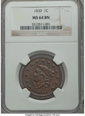 image for: 1830 1C Large Letters, N-4, R.2, MS64 Brown NGC....