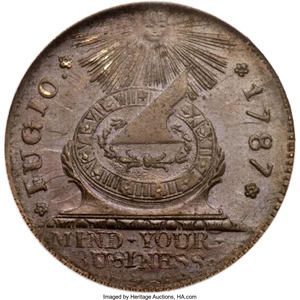 image for: 1787 1C Fugio Cent, STATES UNITED, 4 Cinquefoils, Pointed Rays, N. 13-X, W-6855, R.2, MS66 Brown NGC....