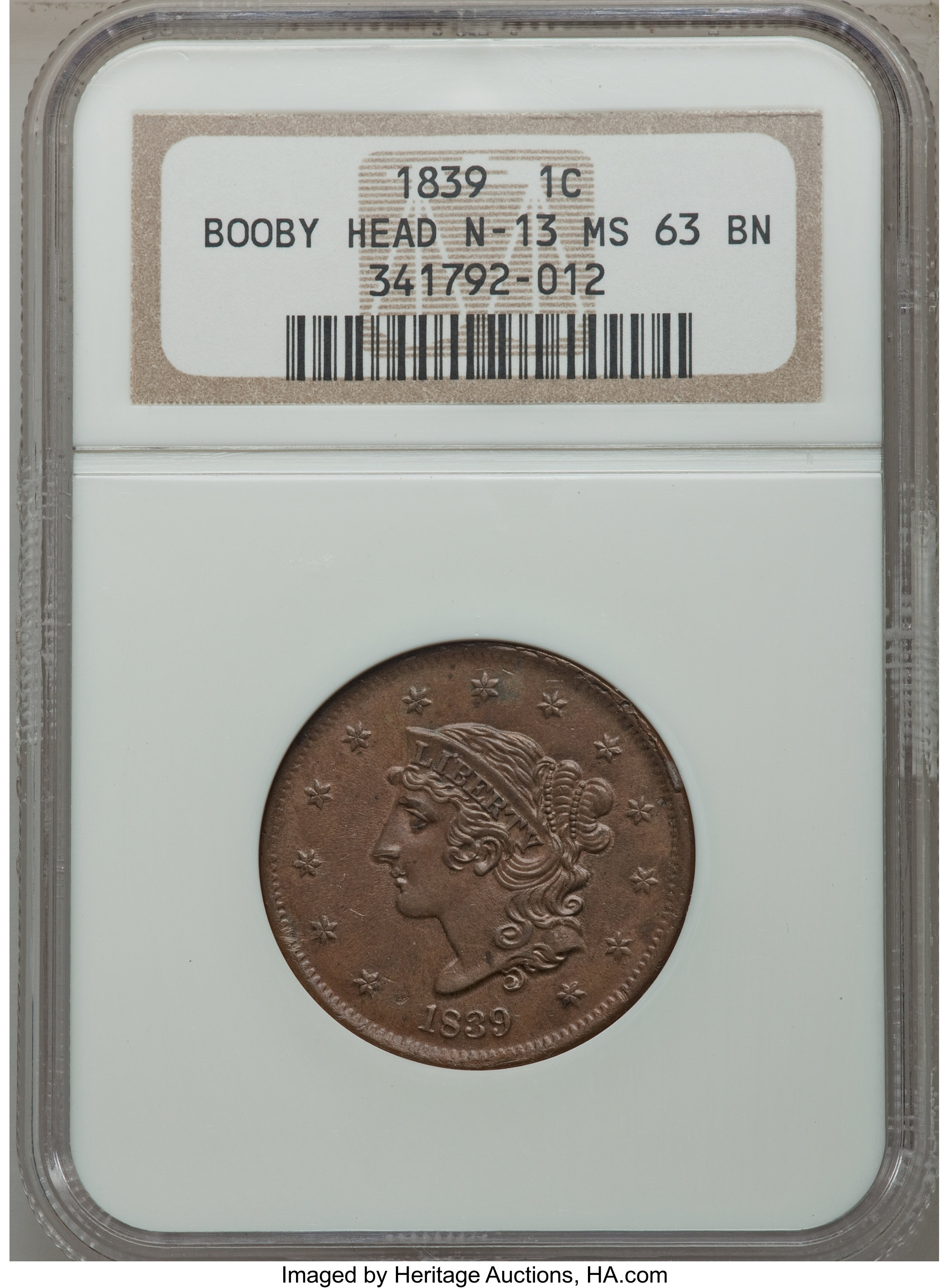 image for: 1839 1C Booby Head, N-13, R.2, MS63 Brown NGC. NGC Census: (4/4). PCGS Population (0/5). Mintage: 3,128,661. ...
