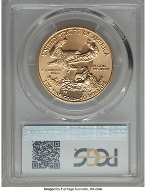 image for: 1996 $50 One-Ounce Gold Eagle -- Struck Through Obverse and Reverse -- MS68 PCGS.____________________________________________...