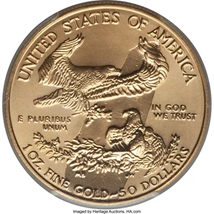 image for: 1996 $50 One-Ounce Gold Eagle -- Struck Through Obverse and Reverse -- MS68 PCGS.____________________________________________...