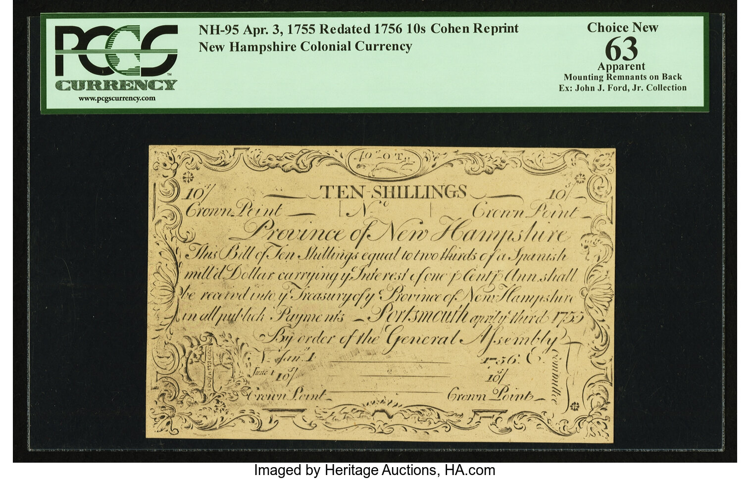 image for: New Hampshire April 3, 1755 Redated June 1, 1756 10s Cohen Reprint PCGS Apparent Choice New 63....