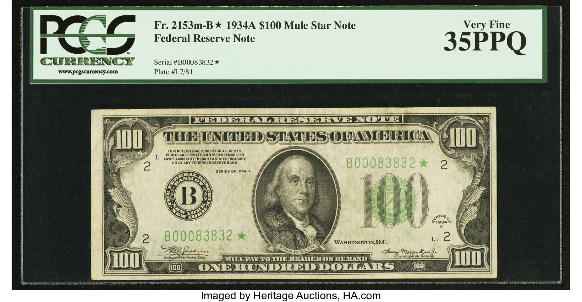 image for: Fr. 2153-B* $100 1934A Mule Federal Reserve Star Note. PCGS Very Fine 35PPQ....