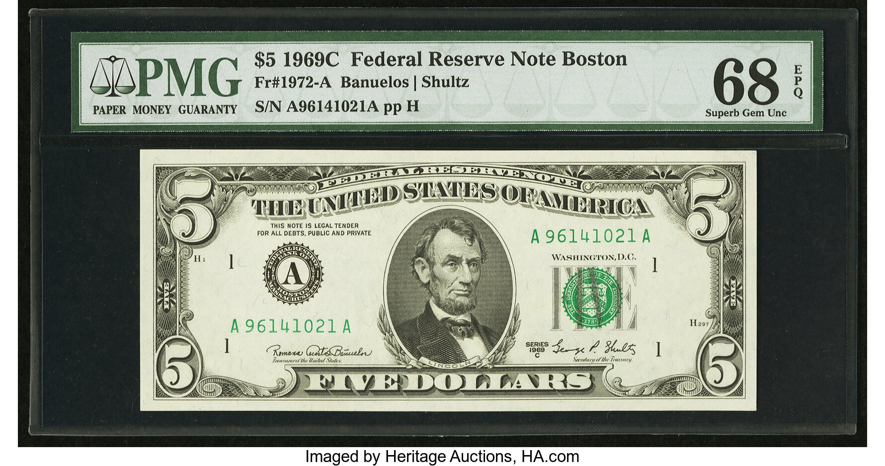image for: Fr. 1972-A $5 1969C Federal Reserve Note. PMG Superb Gem Unc 68 EPQ....