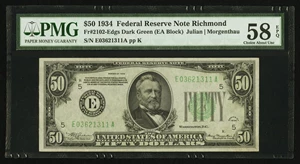 image for: Fr. 2102-E $50 1934 Federal Reserve Note. PMG Choice About Unc 58 EPQ....
