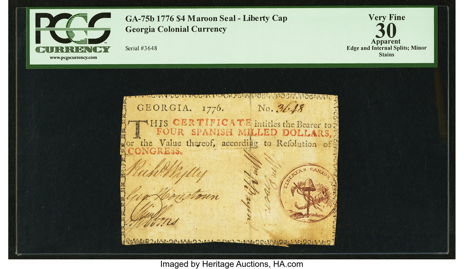 image for: Georgia 1776 $4 Maroon Seal Liberty Cap PCGS Apparent Very Fine 30....