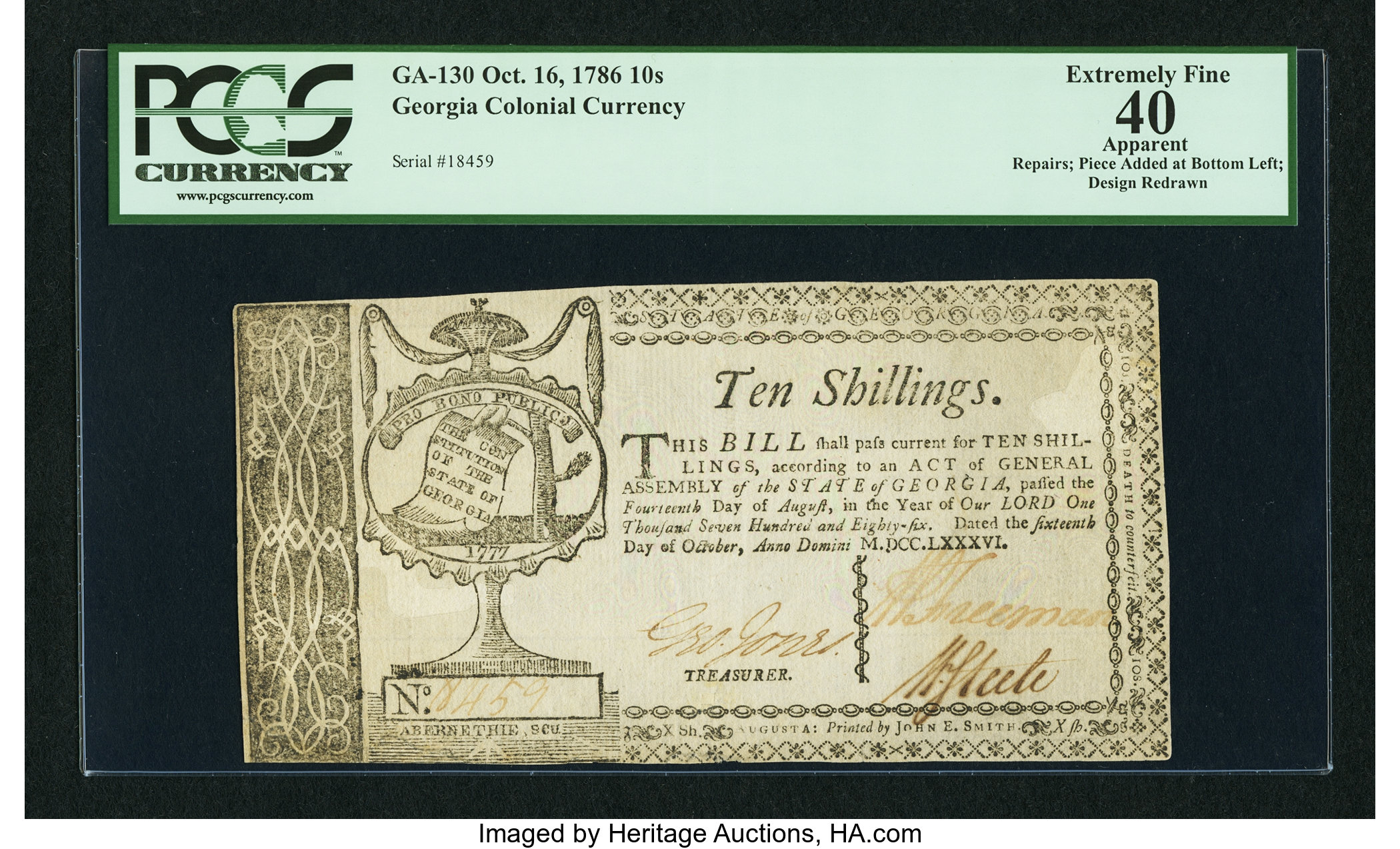 image for: Georgia October 16, 1786 10s PCGS Apparent Extremely Fine 40....