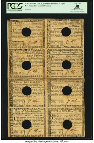 image for: New Hampshire April 29, 1780 $5-$7-$8-$20-$1-$2-$3-$4 Uncut Sheet PCGS Apparent Very Fine 30....