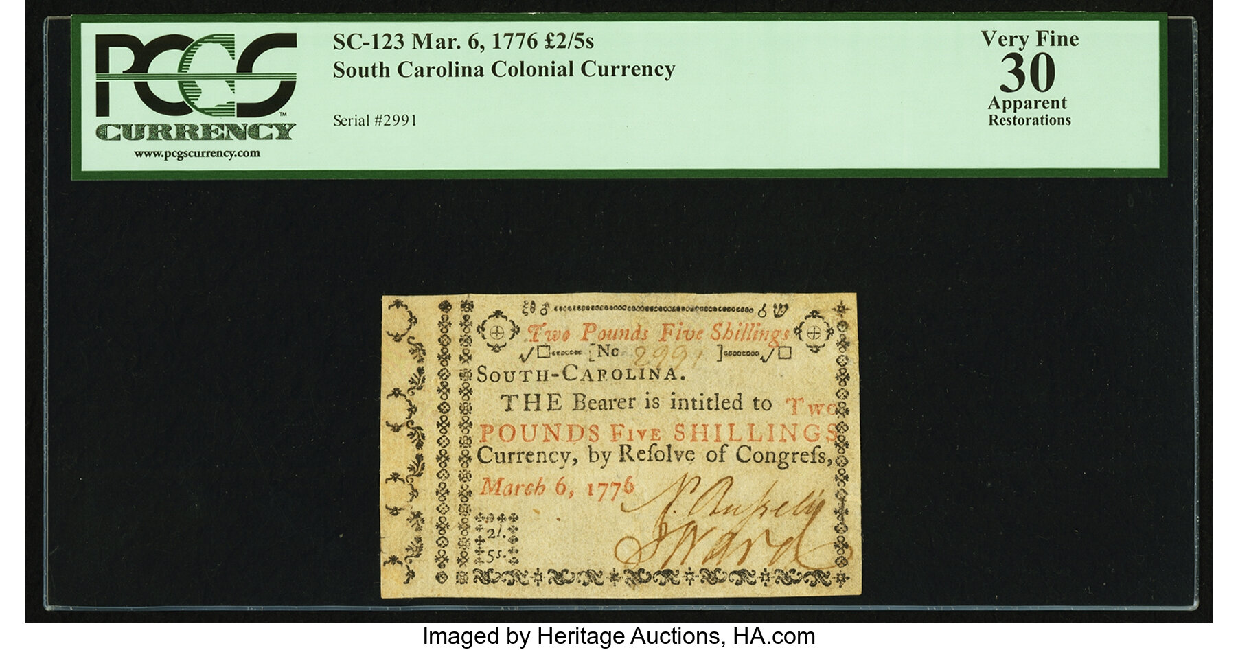 image for: South Carolina March 6, 1776 £2 5s PCGS Apparent Very Fine 30....