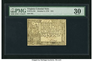 image for: Virginia October 5, 1778 $15 PMG Very Fine 30....