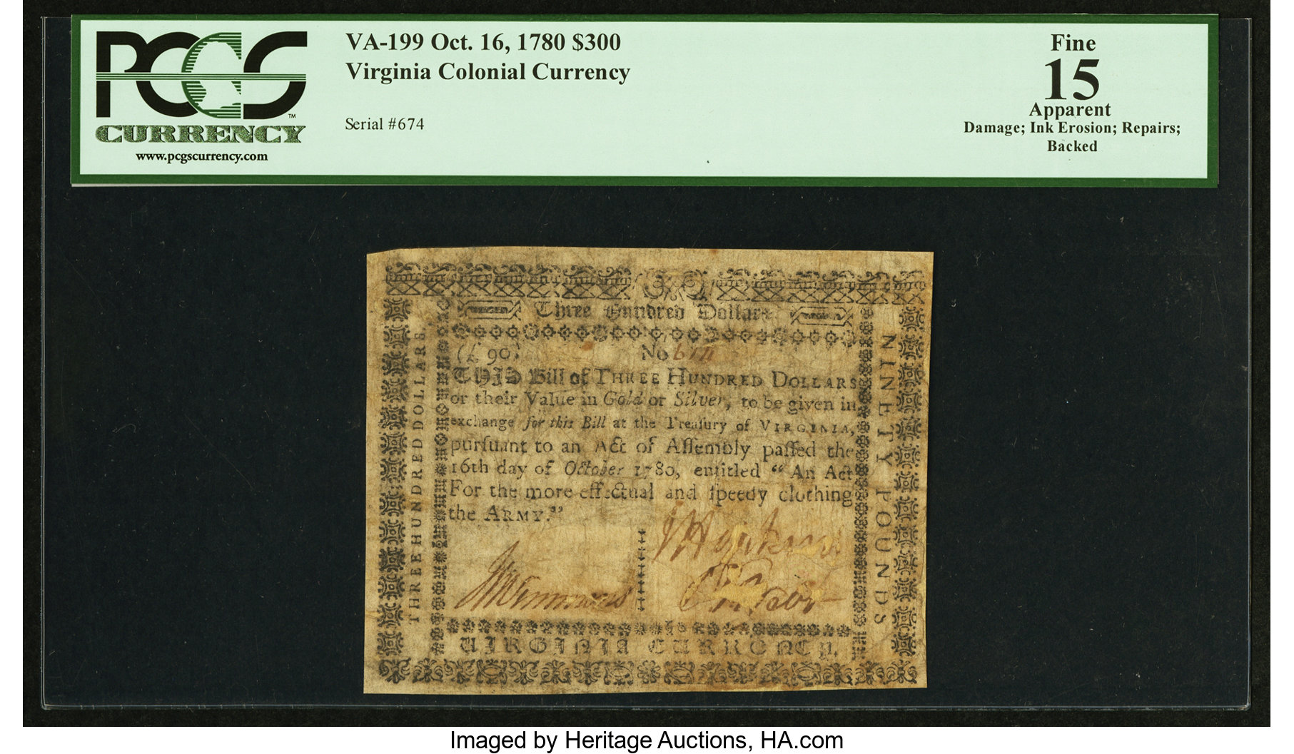 image for: Virginia October 16, 1780 (For Clothing the Army) $300 PCGS Apparent Fine 15....