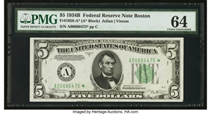 image for: Fr. 1958-A* $5 1934B Federal Reserve Note. PMG Choice Uncirculated 64....