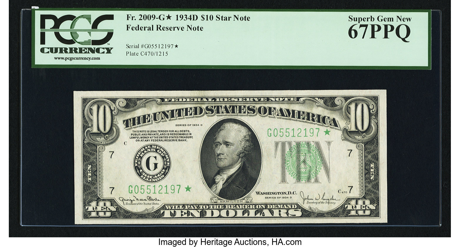 image for: Fr. 2009-G* $10 1934D Federal Reserve Note. PCGS Superb Gem New 67PPQ....