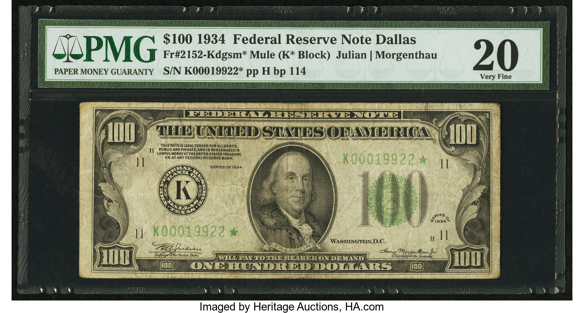 image for: Fr. 2152-K* $100 1934 Mule Federal Reserve Note. PMG Very Fine 20....