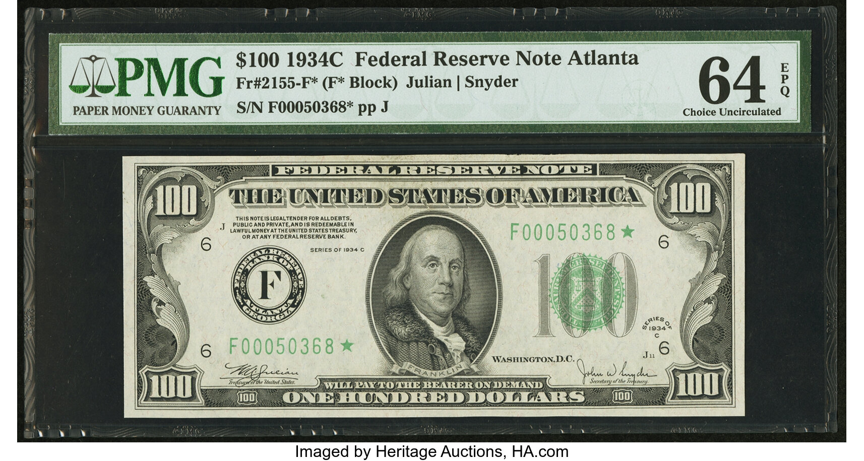 image for: Fr. 2155-F* $100 1934C Federal Reserve Note. PMG Choice Uncirculated 64 EPQ....