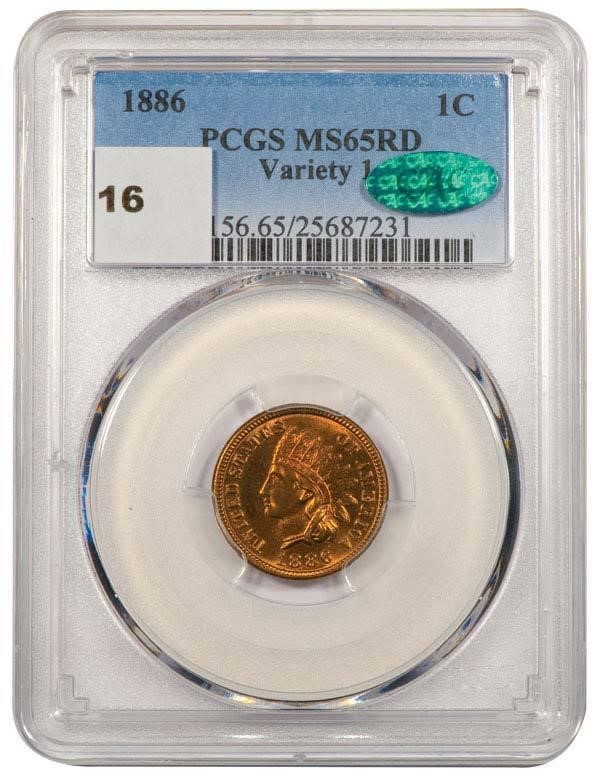 image for: 1C 1886 VARIETY 1 PCGS MS65RD CAC