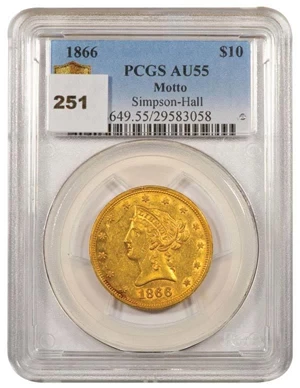 image for: $10 1866 MOTTO PCGS AU55 EX SIMPSON/HALL