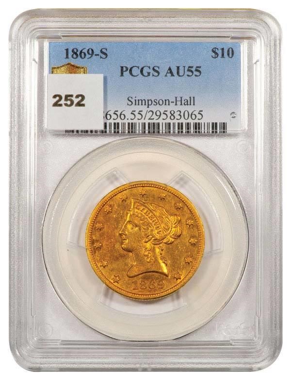image for: $10 1869-S PCGS AU55 EX SIMPSON/HALL