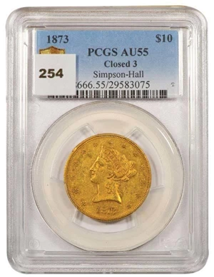 image for: $10 1873 CLOSED 3 PCGS AU55 EX SIMPSON/HALL