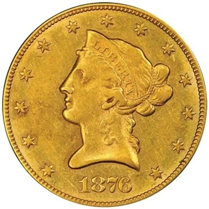 image for: $10 1876-CC PCGS AU53 CAC EX SIMPSON/HALL