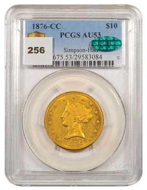 image for: $10 1876-CC PCGS AU53 CAC EX SIMPSON/HALL