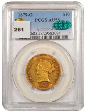 image for: $10 1879-O PCGS AU58 CAC EX SIMPSON/HALL