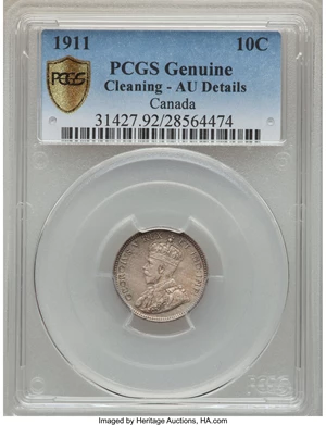 image for: George V 10 Cents 1911 AU Details (Cleaning) PCGS